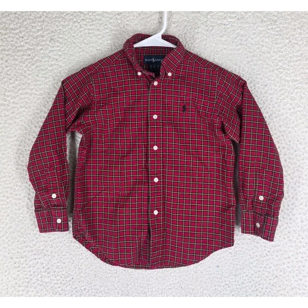 Polo Ralph Lauren Boys Size 5 Red Black Tartan Plaid Button Down Shirt Cotton